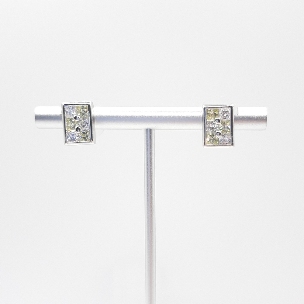 Silver Plated CZ Stud Earrings Pale Yellow Clear Checkerboard Rectangle Post NWT